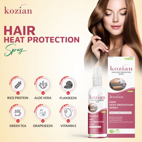 Kozian Natural Hair Heat Protection Spray with Argon Oil, Grape-Seed, Rice Protein, Jojoba Oil, Keratin & Rosemary Oil100ml (Pack of 2) (Hair Oil)