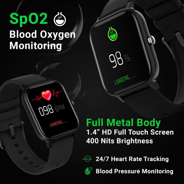 Fire-Boltt SpO2 Full Touch 1.4 inch Smart Watch 400 Nits Peak Brightness Metal Body with 24*7 Heart Rate monitoring IPX7 with Blood Oxygen, Fitness, Sports & Sleep Tracking (Black)BSW001
