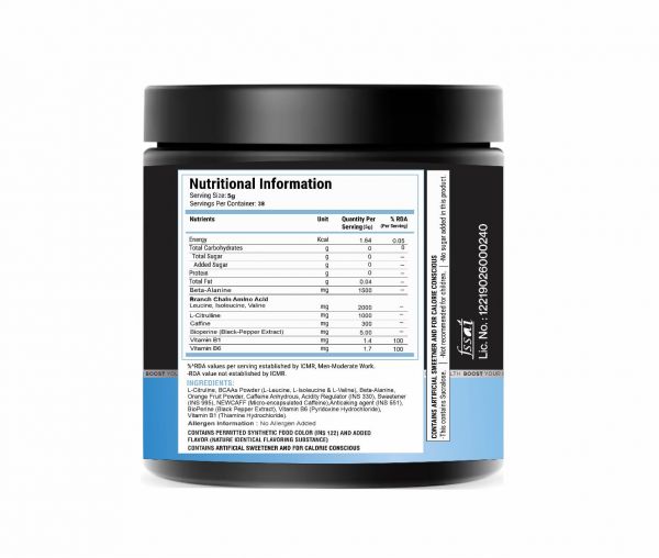 BLUE BOOST PRE BOOST POWDER INSANE PUMP & ENERGY 300mg CAFFEINE ,38 SERVINGS ADVANCED FORMULATION INGREDIENTS (PACK OF 200 GM )  