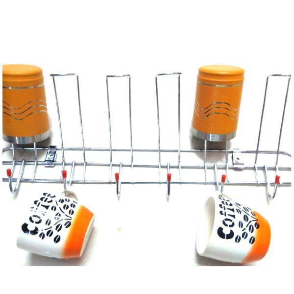 Vaishvi Stainless Steel Wall Mounting Glass and Cup Holder for Kitchen 6 Glass and 6 Cup Holder and Storage Organizer