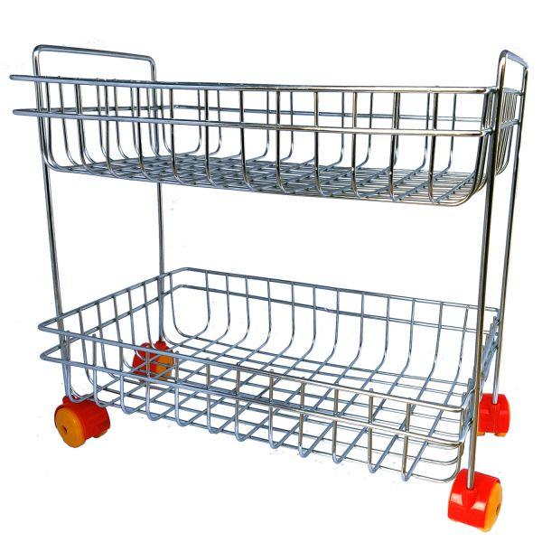Vaishvi 2 Layer Fruit and Vegetables Storage Basket Fixed with Wheels for Kitchen  - Stainless Steel