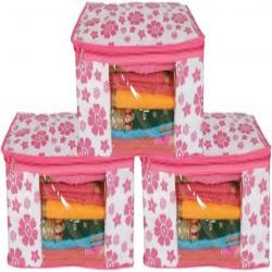 Sameer Enterprises saree bag white and pink flower printed saree cover set of 3 pcs 45 cm height combo (flower Printed) (Multicolor) 