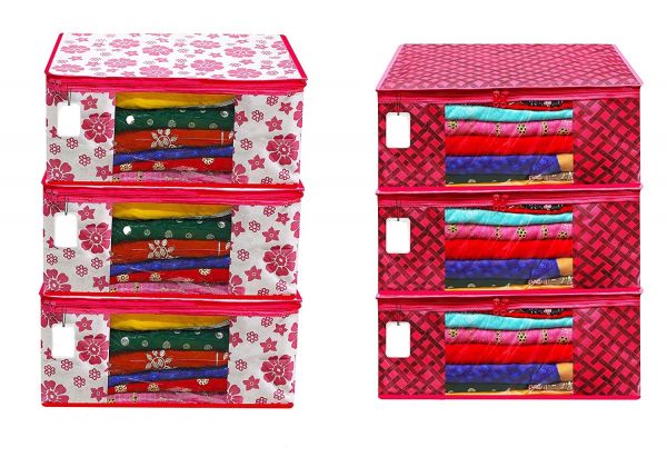 Sameer Enterprises Persents Non Woven clothes Cover Storage Bags for Clothes with premium Quality Combo Offer Saree Organizer for Wardrobe/Organizers for Clothes (Pack Of 6 )(Pink Flower-pink Check) 