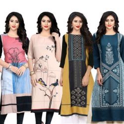 Navlik Women's Crepe Straight Kurta (Pack of 6) Fabric: Crepe Sleeve Length: Three-Quarter Sleeves Pattern: Printed Combo of: Combo of 6 Sizes: S (Bust Size: 36 in, Size Length: 44 in)  XL (Bust Size: 42 in, Size Length: 44 in)  L (Bust Size: 40 in, Size Length: 44 in)  M (Bust Size: 38 in, Size Length: 44 in)  XXL (Bust Size: 44 in, Size Length: 44 in)   Country of Origin: India