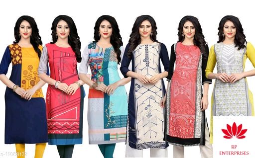 Navlik Women's Crepe Straight Kurta (Pack of 6) Fabric: Crepe Sleeve Length: Three-Quarter Sleeves Pattern: Printed Combo of: Combo of 6 Sizes: S (Bust Size: 36 in, Size Length: 44 in)  XL (Bust Size: 42 in, Size Length: 44 in)  L (Bust Size: 40 in, Size Length: 44 in)  M (Bust Size: 38 in, Size Length: 44 in)  XXL (Bust Size: 44 in, Size Length: 44 in)   Country of Origin: India