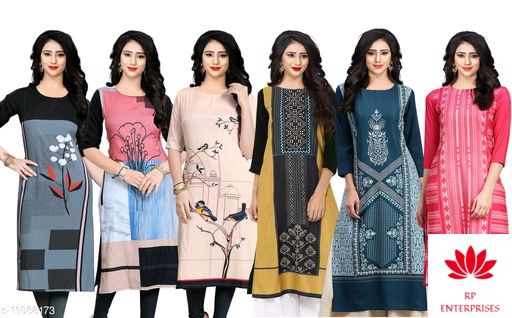Navlik Women's Crepe Straight Kurta (Pack of 6) Fabric: Crepe Sleeve Length: Three-Quarter Sleeves Pattern: Printed Combo of: Combo of 6 Sizes: S (Bust Size: 36 in, Size Length: 44 in)  XL (Bust Size: 42 in, Size Length: 44 in)  L (Bust Size: 40 in, Size Length: 44 in)  M (Bust Size: 38 in, Size Length: 44 in)  XXL (Bust Size: 44 in, Size Length: 44 in)   Country of Origin: India