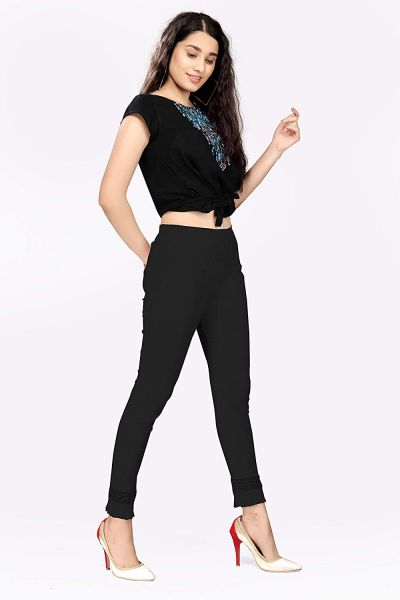 Comfort Wear Women Cotton Lycra Regular Fit Solid Lace Pants, Trousers, zalar Pants for Women, Girls (Pack of 1) black