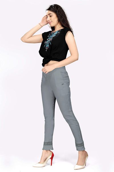 Comfort Wear Women Cotton Lycra Regular Fit Solid Lace Pants, Trousers, zalar Pants for Women, Girls (Pack of 1)L grey