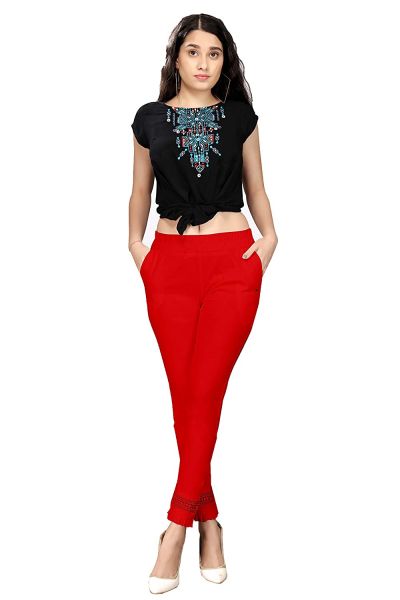 Comfort Wear Women Cotton Lycra Regular Fit Solid Lace Pants, Trousers, zalar Pants for Women, Girls (Pack of 1)red