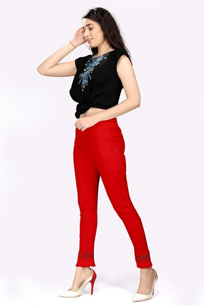 Comfort Wear Women Cotton Lycra Regular Fit Solid Lace Pants, Trousers, zalar Pants for Women, Girls (Pack of 1)red