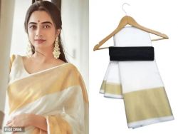 white cotton golden border plain Kerala  kasava South Style saree with blouse