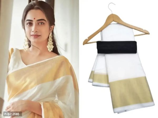 white cotton golden border plain Kerala  kasava South Style saree with blouse