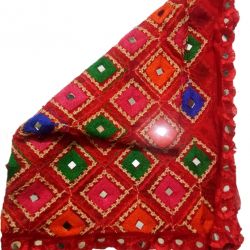 Red Embroidered Dupatta with Mirror Work