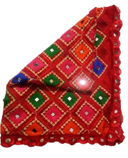 Red Embroidered Dupatta with Mirror Work