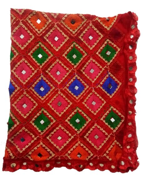 Red Embroidered Dupatta with Mirror Work