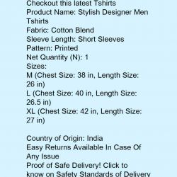Trendy Modern Men Tshirts Name: Trendy Modern Men Tshirts Fabric: Cotton Blend Sleeve Length: Short Sleeves Pattern: Printed Sizes: M (Chest Size: 38 in, Length Size: 26 in)  L (Chest Size: 40 in, Length Size: 26.5 in)  XL (Chest Size: 42 in, Length Size: 27 in)   Country of Origin: Ind