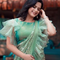 Green Sequence Ruffle Saree For Women