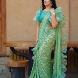 Green Sequence Ruffle Saree For Women