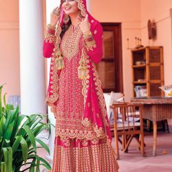 Raspberry Red Wedding Stylish Embroidered Sharara Suit