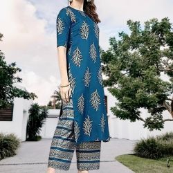 Blue Rayon A-Line Kurta & Palazzo