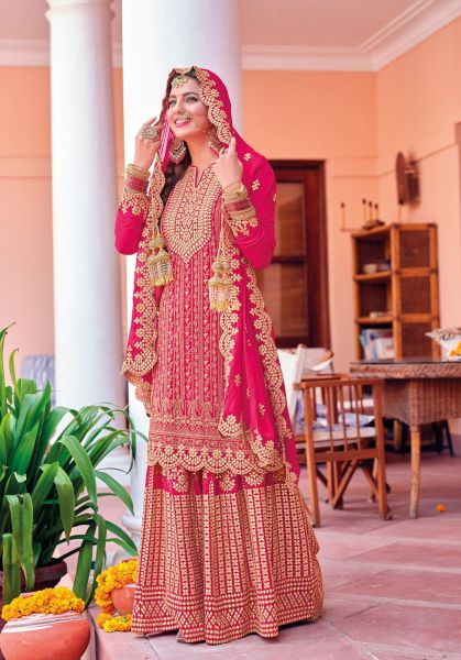 Raspberry Red Wedding Stylish Embroidered Sharara Suit