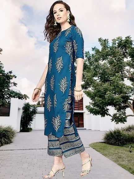 Blue Rayon A-Line Kurta & Palazzo