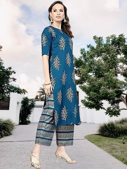 Blue Rayon A-Line Kurta & Palazzo