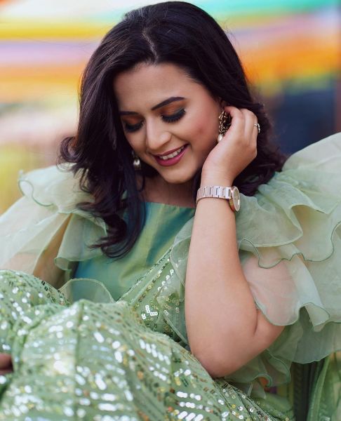 Green Sequence Ruffle Saree For Women