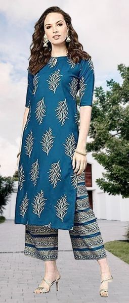 Blue Rayon A-Line Kurta & Palazzo