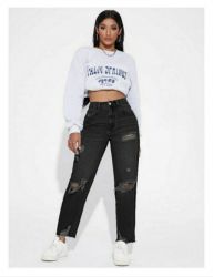 Now Black Colour ladies jeans  High Waist wishker wash mom fit denim 