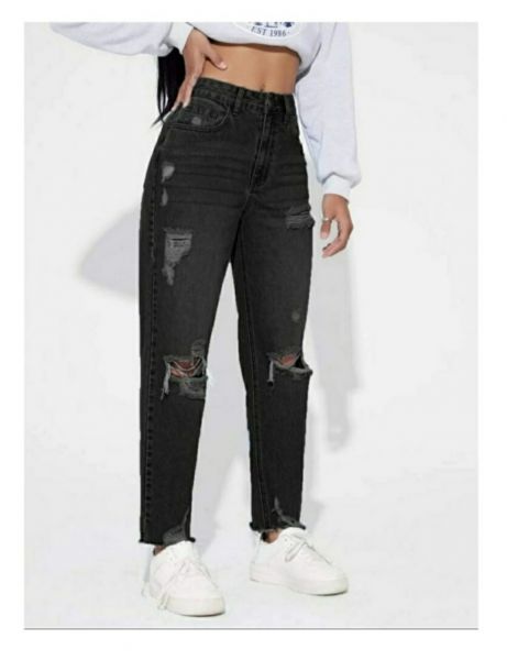 Now Black Colour ladies jeans  High Waist wishker wash mom fit denim 