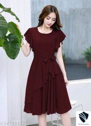 Women Peach Solid Knee Length, Fit And Flare & A-line Georgette Dress