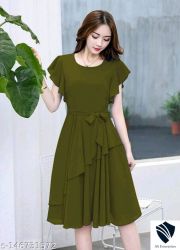 Women Peach Solid Knee Length, Fit And Flare & A-line Georgette Dress