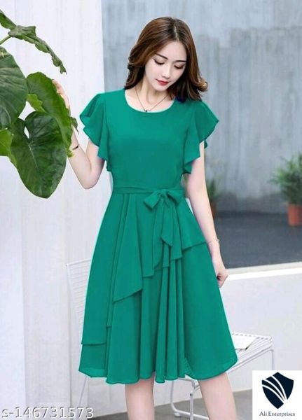 Women Peach Solid Knee Length, Fit And Flare & A-line Georgette Dress