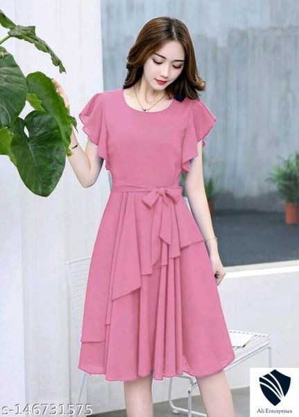 Women Peach Solid Knee Length, Fit And Flare & A-line Georgette Dress