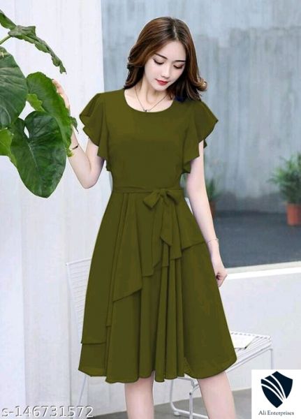 Women Peach Solid Knee Length, Fit And Flare & A-line Georgette Dress