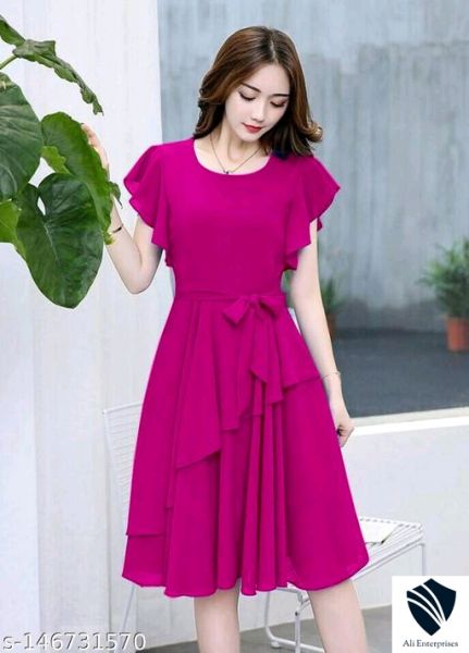 Women Peach Solid Knee Length, Fit And Flare & A-line Georgette Dress