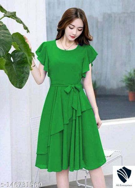Women Peach Solid Knee Length, Fit And Flare & A-line Georgette Dress