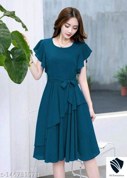 Women Peach Solid Knee Length, Fit And Flare & A-line Georgette Dress