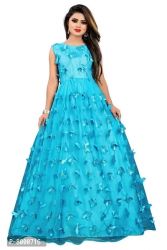 JULEE Women's Net Embroidered Semi-Stitched Gown-Titli Gown Sky Blue