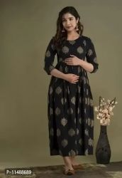 Classic Womans Rayon Hand Block Printed Anarkali Maternity Kurta