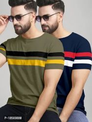 Elegant Cotton Blend Colourblocked Round Neck Tees For Men- Pack Of 2