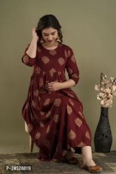 Classic Womans Rayon Hand Block Printed Anarkali Maternity Kurta