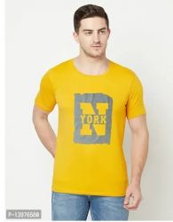 Reliable Yellow Cotton Blend Printed Round Neck T-Shirt For Men