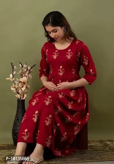 Classic Womans Rayon Hand Block Printed Anarkali Maternity Kurta