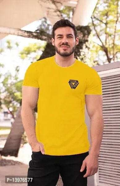 Reliable Yellow Cotton Blend Printed Round Neck T-Shirt For Men