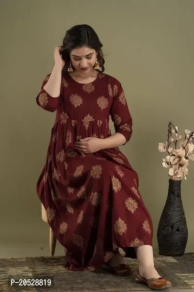 Classic Womans Rayon Hand Block Printed Anarkali Maternity Kurta