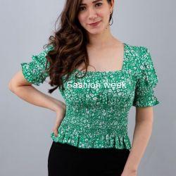 Casual puff sleeve floral print women light green top