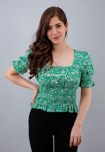 Casual puff sleeve floral print women light green top