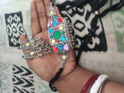 Silver oxidised multicolor stone necklace set 